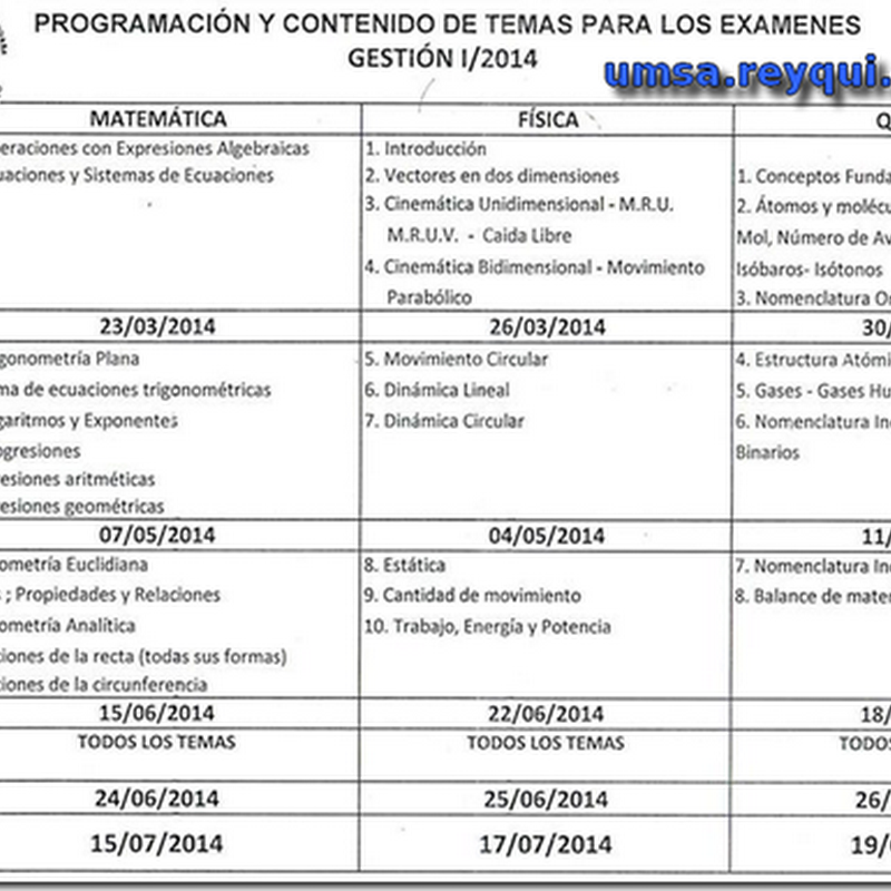 Programación y Contenido para los exámenes de los prefacultativos de la Facultad de Ingeniería (UMSA 2014)