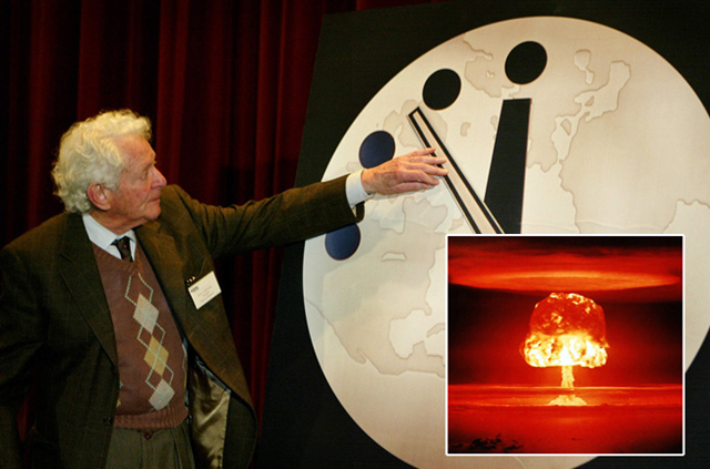 The Doomsday Clock, sponsored by the Bulletin of the Atomic Scientists, which announced in Washington on 10 January 2012 that it has moved the Doomsday Clock to five minutes to midnight, because of continuing inaction on climate change. AFP / Wikipedia