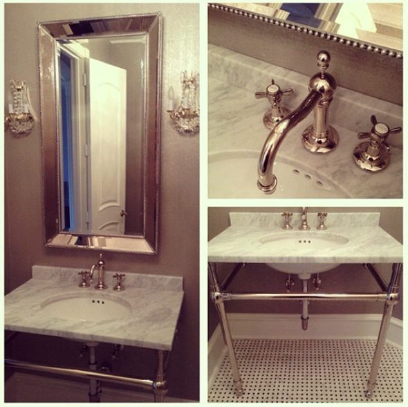 Paloma Contreras Design | Powder Room | Phillip Jeffries Metallic Grasscloth | Marble Sink | Basketweave Tile