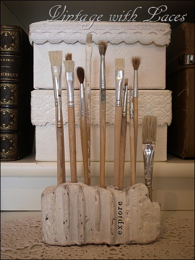 Old brick upcycled into brush holder - Studio Tour 2012 - Vintage with Laces