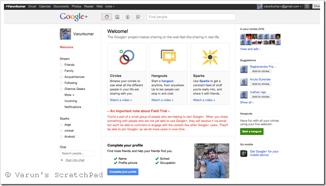 Google+ Web interface welcome page