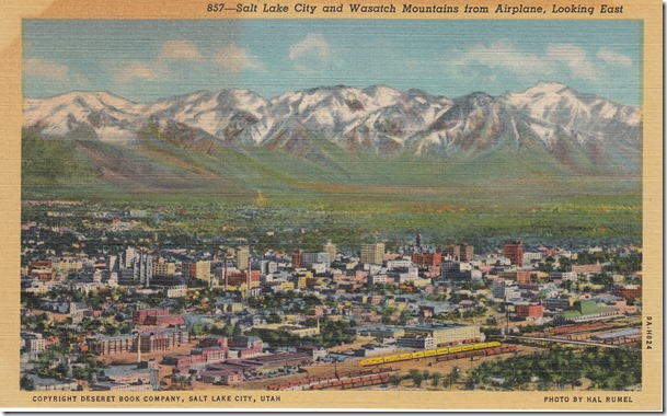 Salt Lake City and Wasatch Mountains, Looking East Postcard pg. 1