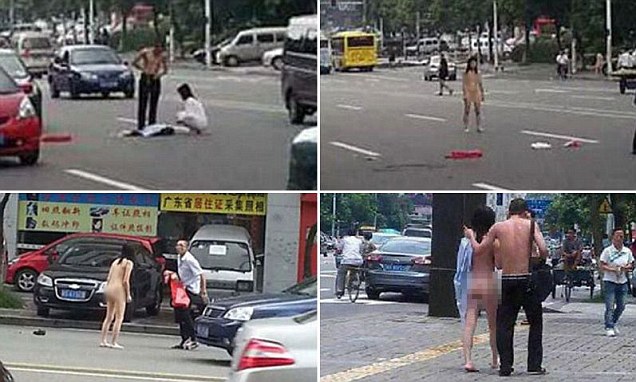 China: Fighting Couple Stops Traffic with Naked Striptease 