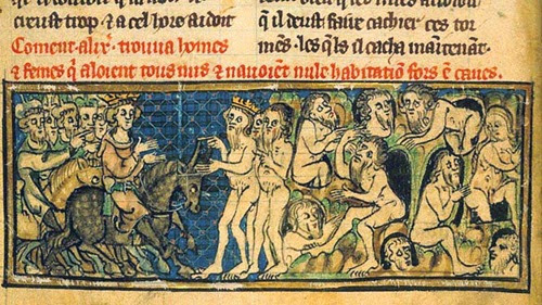 Gimnosofisti nudi uomini e donne incontrano Alessandro (miniatura medievale) Gimnosofisti nudi uomini e donne incontrano Alessandro (miniatura medievale)