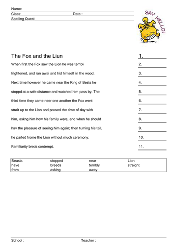 Spelling Quest the fox and the lion