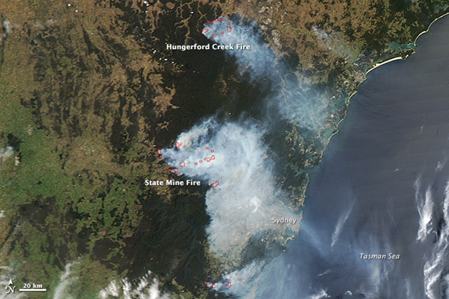 NASA's Aqua satellite acquired this image on 21 October 2013. Red outlines indicate hot spots where MODIS detected unusually warm surface temperatures associated with fire.The largest fire shown here is the State Mine fire, which was burning in the Blue Mountains. The fire had burned more than 42,750 hectares. Photo: Jeff Schmaltz / LANCE/EOSDIS MODIS Rapid Response Team at NASA GSFC