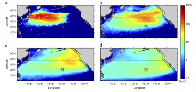 This computer projection shows the estimated extent of the Fukushima spill's plume of radioactive water in 2014. The extent of U.S. coastal waters is indicated by a black line, with a black box enclosing Hawaii. Graphic: Rossi, et al. / Deep-Sea Research I