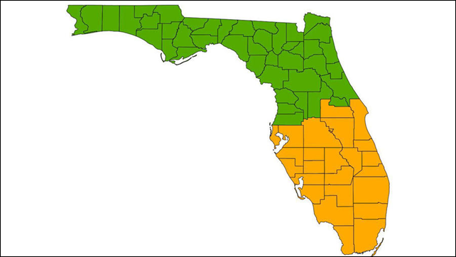 The proposed U.S. state of South Florida. Officials in the city of South Miami proposed that each county shown in orange separate from the rest of the state to become the state of South Florida. Graphic: Charles Minshew