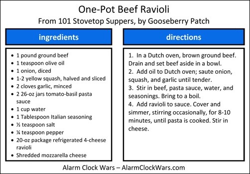one-pot beef ravioli recipe card