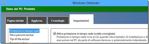 Windows Defender attiva la protezione in tempo reale