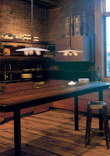 Rejuvenation's line of industrial lighting is one of my favorites. A pair of Menlo pendants hangs over a work table. I love the look of the exposed bulbs. Rejuvenation's line of industrial lighting is one of my favorites. A pair of Menlo pendants hangs over a work table. I love the look of the exposed bulbs.