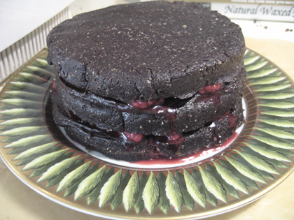 A pre-frosting look at the assembled cake. A pre-frosting look at the assembled cake.