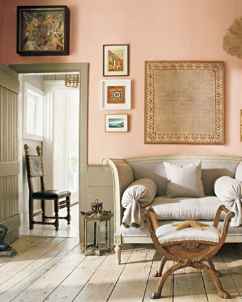 In this living room peach tones compliment the warm tones of grey and wood floors.
Image from Martha Stewart Living. In this living room peach tones compliment the warm tones of grey and wood floors.
Image from Martha Stewart Living.