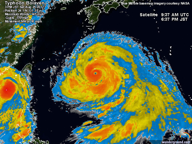 Satellite view of Super Typhoon Bolaven, 25 August 2012. Typhoon Tembin, which skirted Taiwan the day before, is visible on the left side of the image. Blue Marble basemap imagery courtesy of NASA