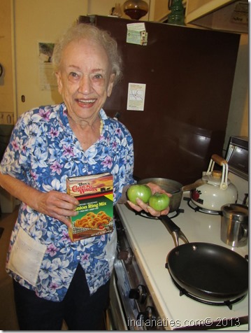Peg Stull getting ready for some yummy Fried Green Tomatoes.