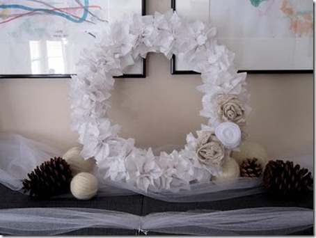 Winter wreath--wreath made from white tissue paper flowers