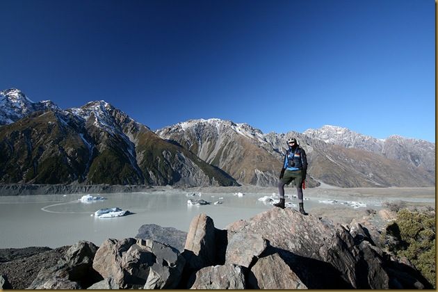 Tasman lake glacier icebergs girl