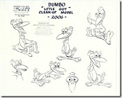 From Dumbo (1941).  A stat cleanup model sheet of "Little Guy."  Notes:  "-2006-"  "3-24-41"  Dimesions: 14”W x 11”H. Acquired 2000. SeqID-0495<br /><br />Wikipedia 8/9/2005-Dumbo note below: The crow characters in the film are in fact African-American caricatures; the leader crow voiced by Caucasian Cliff Edwards is officially named "Jim Crow". The other crows are voiced by African-American actors, all members of the Hall Johnson Choir. 
