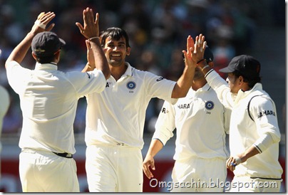 Zaheer Khan of India is congratulated by team-mates after getting the wicket of Brad Haddin of Australia during day three of the First Test match between Australia and India at the