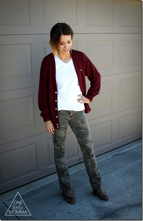 oxblood boyfriend cardigan, white v-neck and camo pants