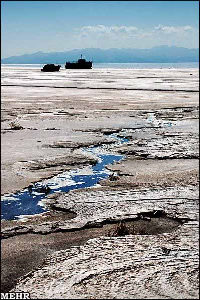 The receding waterfront of Lake Orumieh, Azerbaijan, in 2011. The salt lake has been drying up rapidly in recent years; approximately half of the area it formerly covered is now completely dry. Experts predict that unless drastic actions are taken, it will completely dry up and disappear in about five years. MEHR