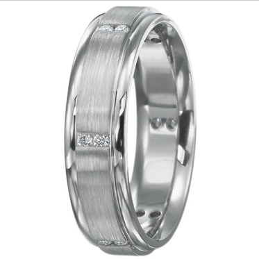 If William wants something fashion-forward, this Ritani men’s 6mm diamond wedding band features a satin finish and pairs of channel-set diamonds. If William wants something fashion-forward, this Ritani men’s 6mm diamond wedding band features a satin finish and pairs of channel-set diamonds.
