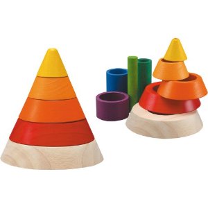 FOR BABIES
I love this colorful Plan Toys Cone Sorting toy made from all natural organic recycled rubber wood and colored with water-based dyes.