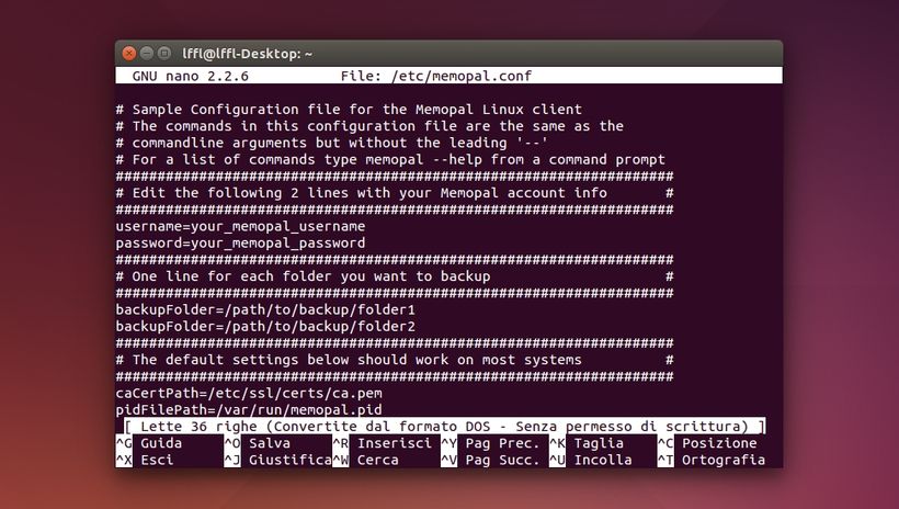 Memopal Linux - File di Configurazione
