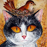 SPRZEDANY: Czarno-biały kot z ptakiem na głowie - z cyklu koty i ptaki - Mantykora. Akryl na płótnie; wymiary: 24x30cm
