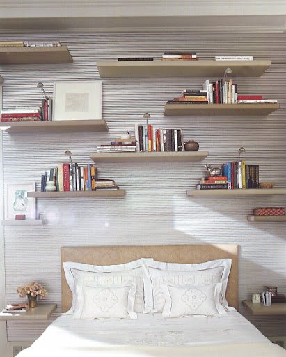 This whole arrangement of shelves (especially the ones used for bedside knickknacks) is so playful and sharp. This whole arrangement of shelves (especially the ones used for bedside knickknacks) is so playful and sharp.