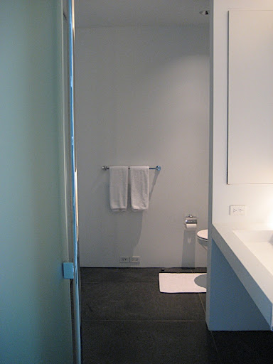 The master bathroom lighting.  Built in lighting behind the mirror and also recessed overhead lighting.