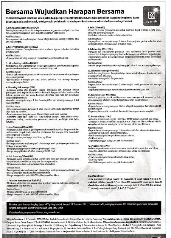 Lowongan Bank BRI Syariah Terbaru Desember 2011 Lowongan Bank BRI Syariah Terbaru Desember 2011