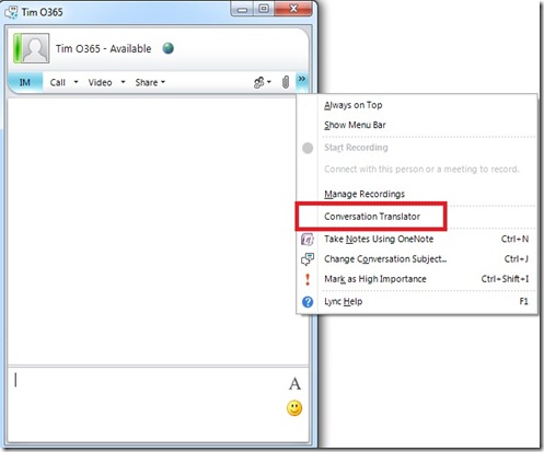 lync add-in - translator - menu