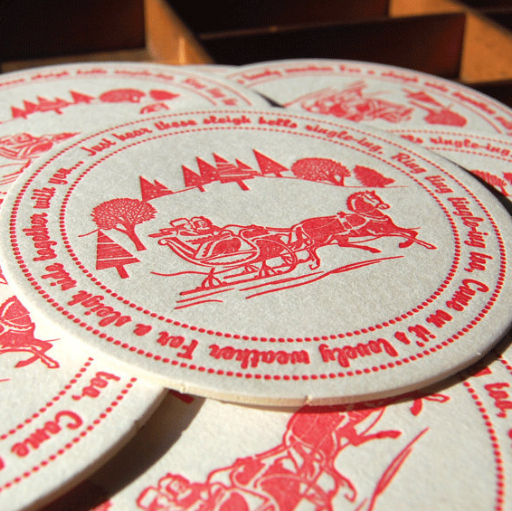Who said a your note had to go on a card? These paper coasters can serve two purposes. Sleigh Bells Coaster, $10 for eight, Paisley Tree Press, http://paisleytreepress.com/.