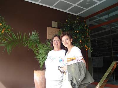 Day 2: Sonnie and Ozlem at Armada Hotel entrance - next to a lovely nectarine tree