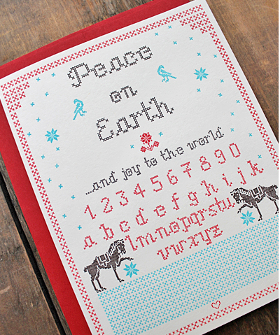 Cross-stitch fans will love this creative card. Holiday Sampler 2 Card, $4.50, Greenwich Letterpress, greenwichletterpress.com.