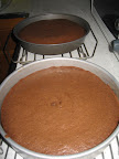 After baking at 350 degrees for approximately 30 minutes, the cakes sat on cooling racks.