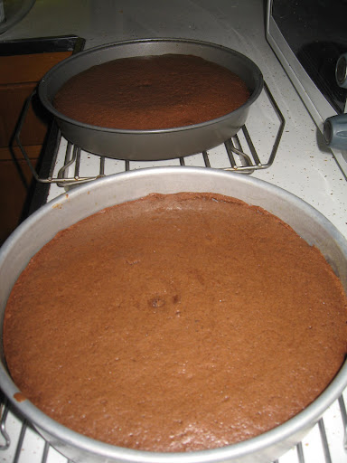 After baking at 350 degrees for approximately 30 minutes, the cakes sat on cooling racks.