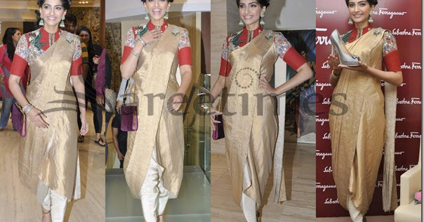 Sonam Kapoor In Anamika Khanna Saree Sareetimes She wore silver juttis along with them, that matched with her outfit. sonam kapoor in anamika khanna saree sareetimes