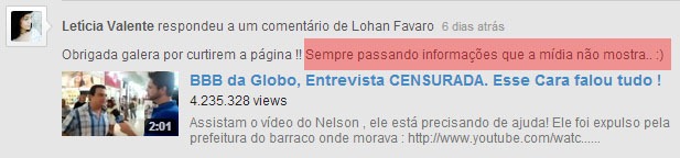 Comentário Letícia no Youtube