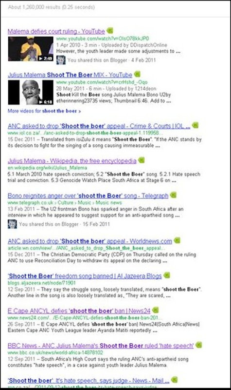 Shoot the Boer 1 260 000 Google results Dec 23 2011