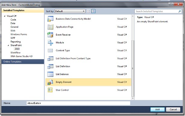 Create custom modal dialog using Visual studio 2010 in SharePoint 2010