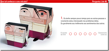 Tela da primeira pergunta do teste de personalidade da Superinteressante baseado na teoria dos 5 fatores Tela da primeira pergunta do teste de personalidade da Superinteressante baseado na teoria dos 5 fatores