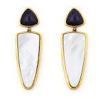 These blue goldstone and mother of pearl triangle earrings by Lizzie Fortunato are a little bit Dallas and I'm okay with that. They take a blazer and jeans to a whole new level. 
$368 at http://shop.lizziefortunato.com