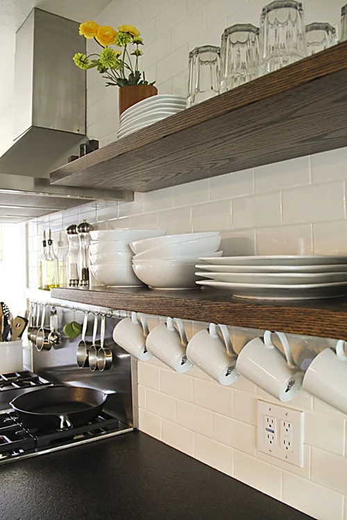 wood slab shelving kitchen