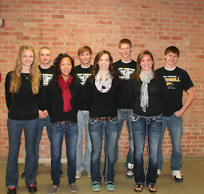 Front Row (L to R) Olivia Lugar, Leah Parrott, Kari Horesowsky, Michelle Erwin Back Row (L to R) David Aldeman, Logan Wadsworth, Chase Murray, Ryan Hoffman.  Photo Courtesy:  Mid-Prairie School District.