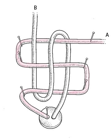 Weave end B back over all three horizontal segments of A . Then weave it back up, under the bottom two segments and over the top segment. Remove pins. Using both hands, carefully pull cord as indicated left, making a loose knot. Weave end B back over all three horizontal segments of A . Then weave it back up, under the bottom two segments and over the top segment. Remove pins. Using both hands, carefully pull cord as indicated left, making a loose knot.