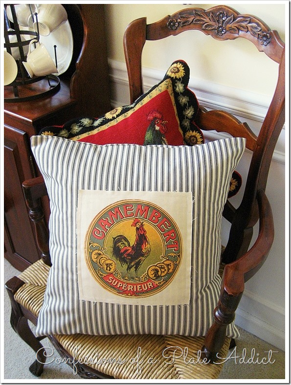 CONFESSIONS OF A PLATE ADDICT Ticking Pillow with Vintage French Cheese Label CONFESSIONS OF A PLATE ADDICT Ticking Pillow with Vintage French Cheese Label