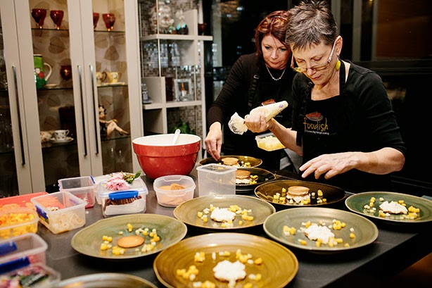 The amazing ladies of Foodish put the finishing touches on dessert: passionfruit mascarpone on tuile with tropical fruit. Created using fresh produce from Fyshwick Fresh Food Market. HerCanberraDinner157.jpg