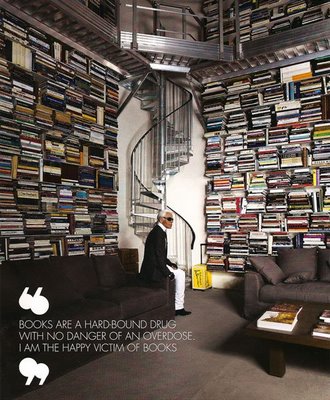 Karl Lagerfeld among his enormous - and enviable - collection of books. Karl Lagerfeld among his enormous - and enviable - collection of books.